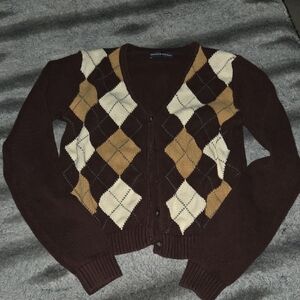 Brandy Melville Brown and Cream Argyle Cardigan